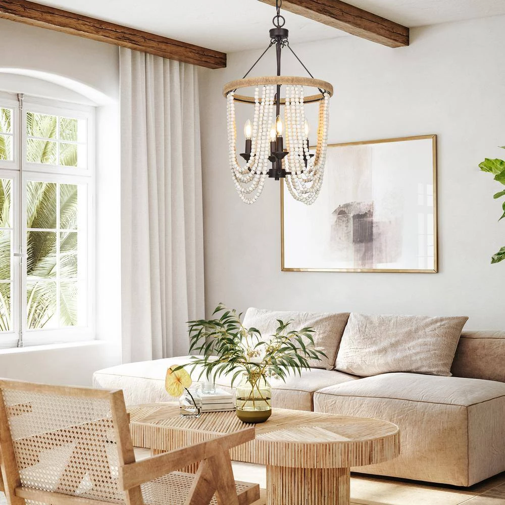 Modern Farmhouse Empire Beaded Chandelier, 4-Light Rustic Brown Transitional Candlestick Boho Chandelier with Wood Beads by Uolfin - Image 2