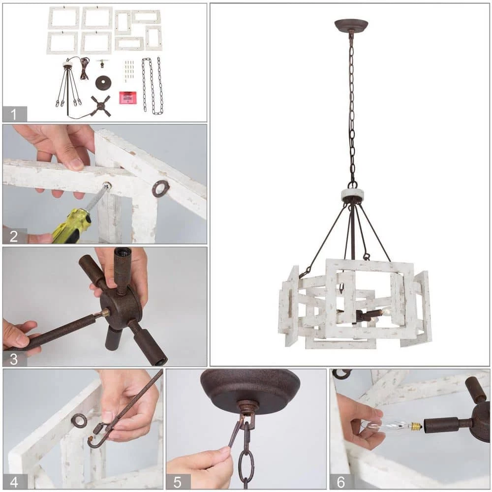 Antique Farmhouse White Chandelier, 4-Light Rustic Bronze Lantern Wood Cage Chandelier by Uolfin - Image 6