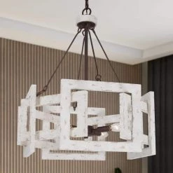 Antique Farmhouse White Chandelier, 4-Light Rustic Bronze Lantern Wood Cage Chandelier by Uolfin