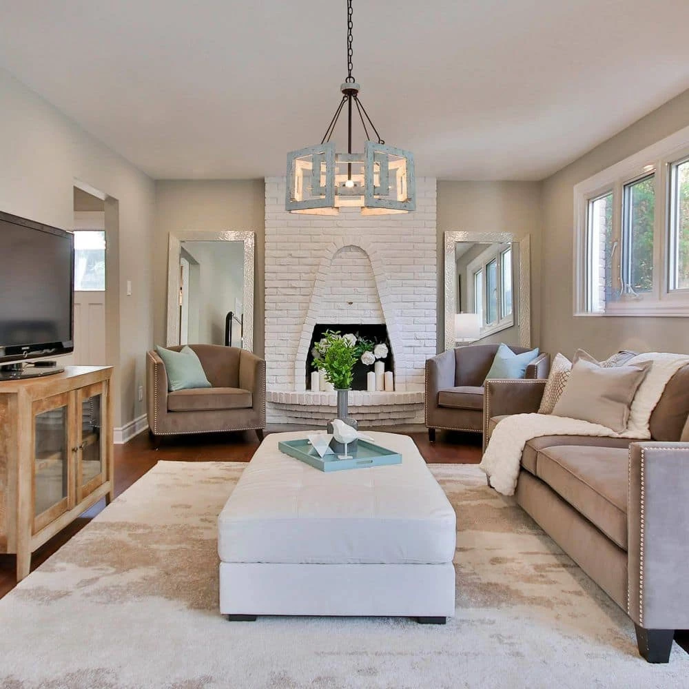 Antique Farmhouse White Chandelier, 4-Light Rustic Bronze Lantern Wood Cage Chandelier by Uolfin - Image 2