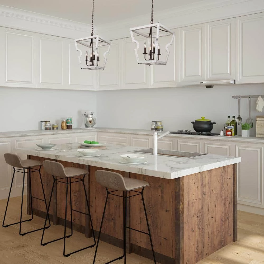 Antique Farmhouse White Chandelier, 4-Light Rustic Bronze Lantern Wood Cage Chandelier by Uolfin - Image 7