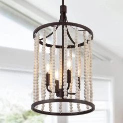 Farmhosue Rustic Black Pendant Light, 4-Light Drum Kitchen Island Chandelier with Distressed White Wood Beads by Uolfin