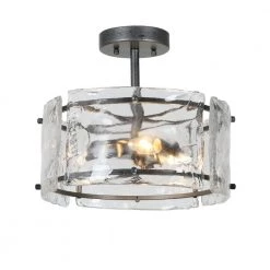 13.4 in. 3-Light Rustic Black Modern Semi-Flush Mount Light with Water-Ripple Glass Shade by Uolfin