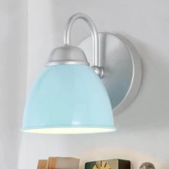 Siri Modern 6.5 in. 1-Light Silver and Blue Vanity Light Powder Room Wall Light Fixture with Blue Bell Shade by Uolfin