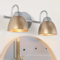 15 in. Modern Wall Sconce, 2-Light Transitional Gold and Silver Bathroom Vanity Light with Metal Bowl Shade by Uolfin