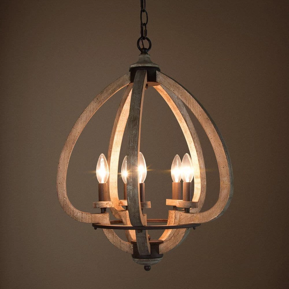 Modern Farmhouse Candlestick Wood Chandelier, 5-Light Lantern Dining Room Chandelier Hanging Pendant Light by Uolfin - Image 8