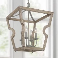 Modern Farmhouse Taupe Wood Island Chandelier, 4-Lights Rustic Lantern Cage Chandelier with Candlestick Holder by Uolfin