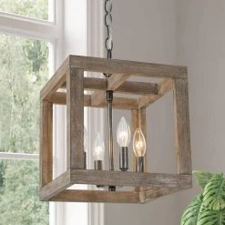 Farmhouse Wood Lantern Dining Room Chandelier Niki 4-Light Rustic Cage Island Chandelier Pendant Light by Uolfin