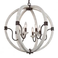 Farmhouse Caged Chandelier Light, 6-light Farmhouse pendant lighting Rustic Dining Room Chandelier with Weathered Wood by Uolfin