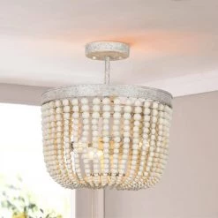 Modern Farmhouse White Drum Bead Semi-Flush Mount Light, 3-Light classic Boho Ceiling Light with Handmade Wood Beads by Uolfin