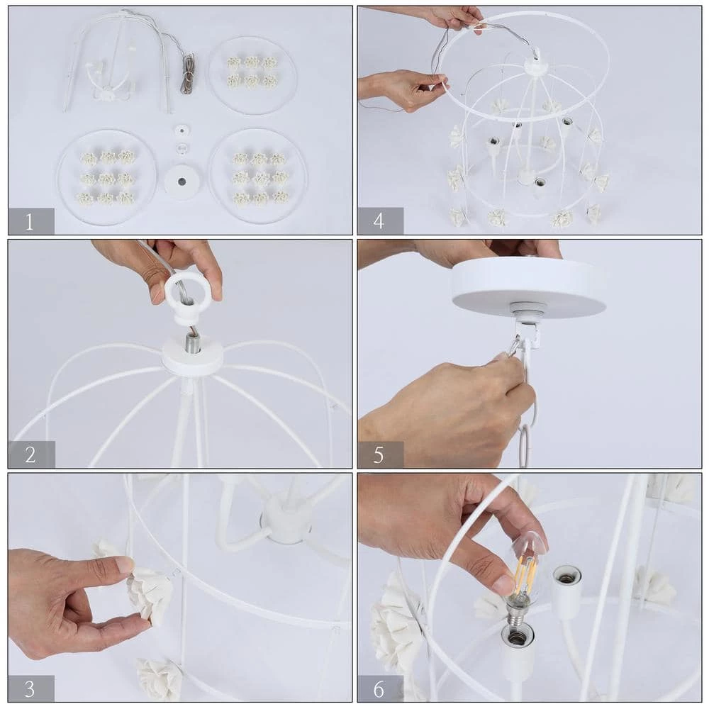Modern White Bedroom Chandelier Light, 4-Light Cage Dining Room Lantern Hanging Chandelier Light with Ceramic Flower by Uolfin - Image 7
