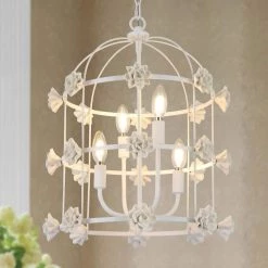 Modern White Bedroom Chandelier Light, 4-Light Cage Dining Room Lantern Hanging Chandelier Light with Ceramic Flower by Uolfin