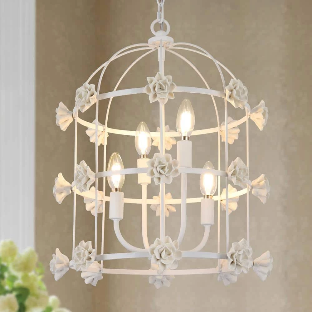 Modern White Bedroom Chandelier Light, 4-Light Cage Dining Room Lantern Hanging Chandelier Light with Ceramic Flower by Uolfin