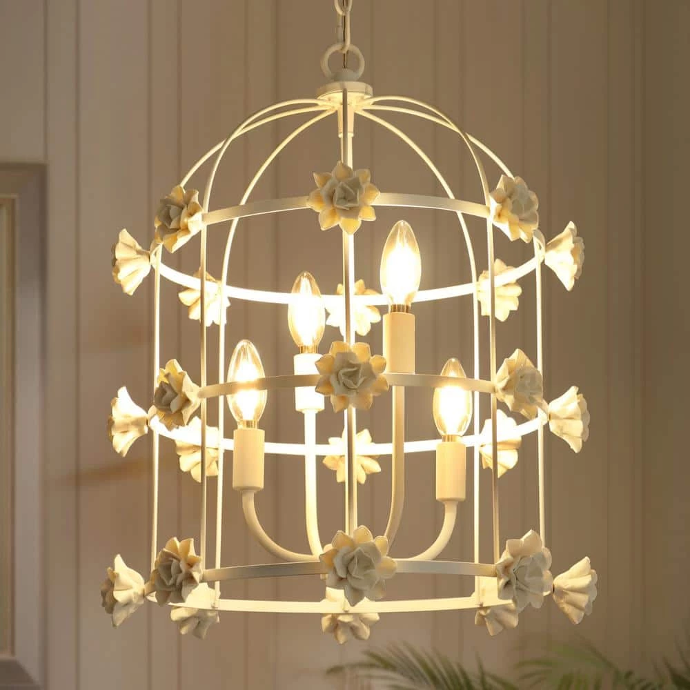 Modern White Bedroom Chandelier Light, 4-Light Cage Dining Room Lantern Hanging Chandelier Light with Ceramic Flower by Uolfin - Image 4