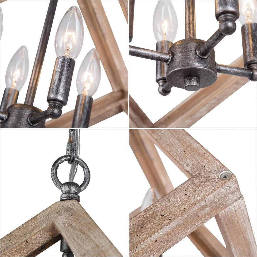 15 in. 4-Light Wooden Square Farmhouse Chandelier by Uolfin - Image 4