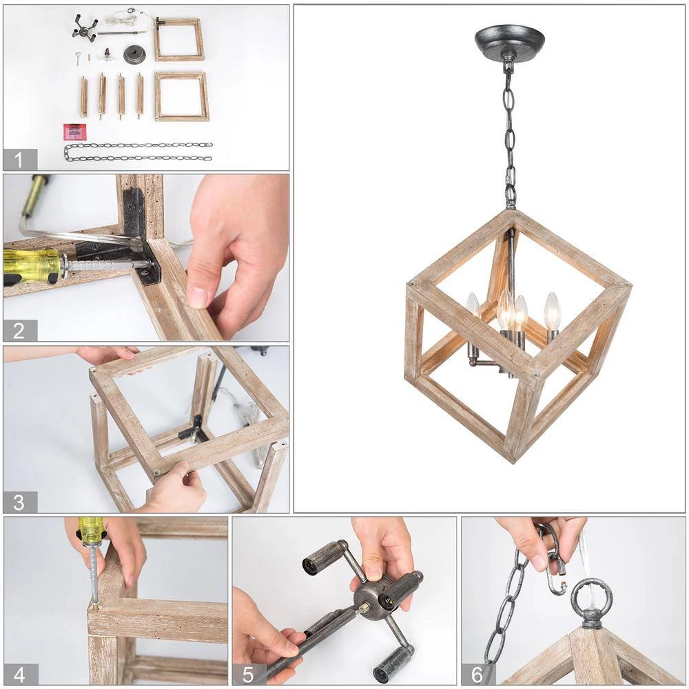 15 in. 4-Light Wooden Square Farmhouse Chandelier by Uolfin - Image 5