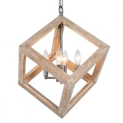 15 in. 4-Light Wooden Square Farmhouse Chandelier by Uolfin
