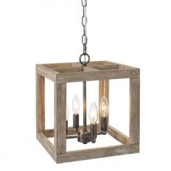Modern Farmhouse Lantern Chandelier Pendant Light 4-Light Handcrafted Wood Pendant Light for Kitchen Island by Uolfin