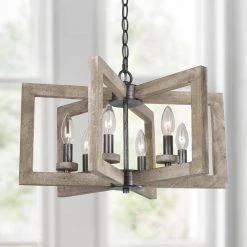 Modern Farmhouse Wood Island Chandelier, 20 in. 6-Light Rustic Black and Brown Geometric Chandelier Pendant Light by Uolfin